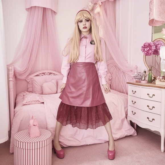 Vintage Metro Style Genuine Leather Pink Mesh Midi Skirt Size 6 Sissy CD Drag - Picture 1 of 7